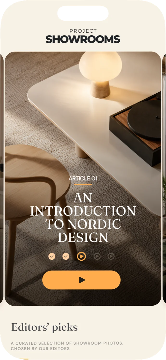 The Showrooms app open on an article about Nordic design